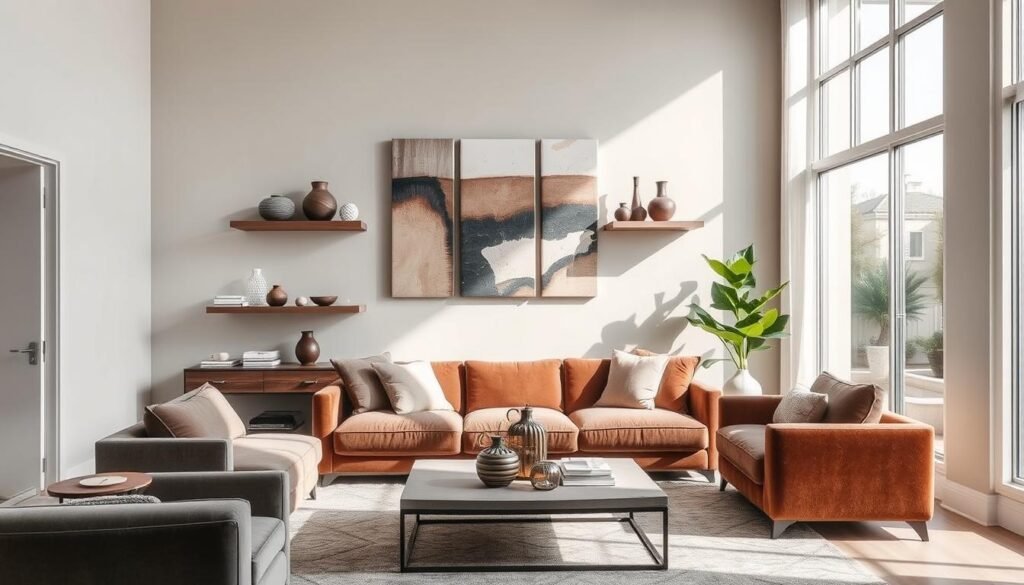 A modern, well-lit living room with a stylish wall art display as the focal point. The arrangement features a trio of abstract, geometric canvases in muted, earthy tones that complement the room's neutral color palette. Sleek, floating shelves showcase an array of decorative accents, from ceramic vases to metallic trinkets, creating visual interest. Plush, textured furnishings, such as a velvet sofa and a cozy area rug, lend a sense of warmth and comfort to the space. Large windows allow natural light to pour in, illuminating the scene and casting a soft, inviting glow. The overall effect is a harmonious blend of contemporary design and personal style, elevating the room's aesthetic appeal.