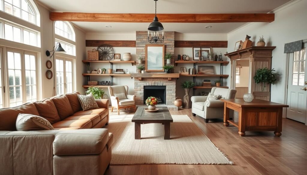 A rustic farmhouse living room with an open layout, flooded with natural light from large windows. In the foreground, a cozy sectional sofa in distressed leather is arranged at an angle, complemented by a worn wooden coffee table. In the middle ground, a pair of overstuffed armchairs in a complementary neutral tone flank a central fireplace with a rough-hewn mantel. Reclaimed wood shelves line the walls, displaying an eclectic mix of vintage decor and potted plants. The background features a simple, neutral-toned rug and bare hardwood floors, conveying a sense of warmth and simplicity. Soft, diffused lighting from pendant lamps and sconces creates a inviting, relaxed atmosphere.