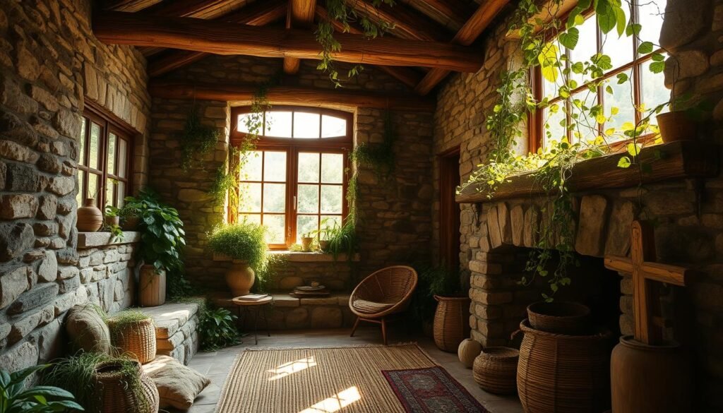 A rustic stone cottage nestled in a lush, verdant landscape. Sunlight filters through the large windows, casting a warm, natural glow. Rough-hewn wooden beams and exposed stone walls create a timeless, grounded atmosphere. In the foreground, a cozy fireplace made of river rock anchors the space, while natural fiber rugs and woven baskets add texture and warmth. Lush, leafy plants and trailing vines spill from the windowsills, blurring the line between interior and exterior. The overall impression is one of harmony, simplicity, and a deep connection to the earth.