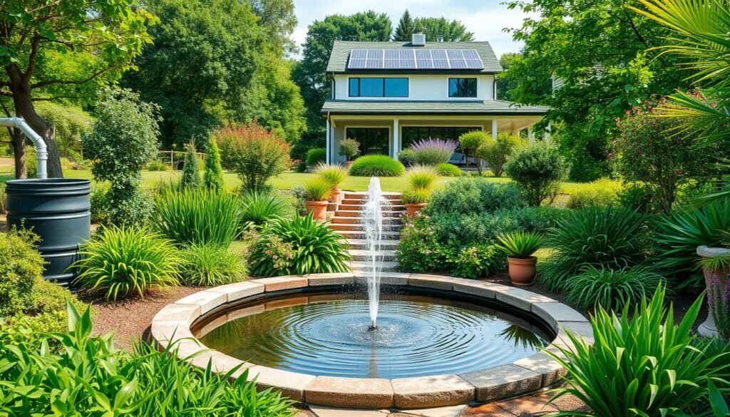 A serene garden landscape with lush greenery and a central water feature, such as a reflecting pool or a recirculating fountain. The foreground showcases various water conservation techniques, including a rain barrel, a greywater system, and drought-resistant native plants. The middle ground features an efficient irrigation system with smart sensors and low-flow sprinklers. In the background, a modern, energy-efficient home with solar panels and a green roof blends harmoniously with the natural surroundings. The overall atmosphere is one of tranquility and environmental sustainability, conveying the message of responsible water usage for a greener, eco-friendly lifestyle.