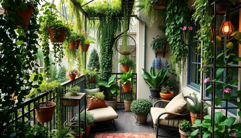 A small balcony enclosed in lush, verdant foliage, creating a tranquil, nature-inspired sanctuary. A variety of potted plants, including trailing vines, leafy greens, and blooming flowers, cascade from hanging baskets and line the railing, filling the space with vibrant hues and textures. Plush, comfortable seating invites relaxation, while strategically placed plant stands and trellises add depth and visual interest. Soft, diffused lighting filters through the foliage, casting a warm, inviting glow and creating an intimate, serene atmosphere. The balcony offers a seamless transition between the indoor and outdoor spaces, blurring the boundaries and immersing the viewer in a lush, verdant paradise.