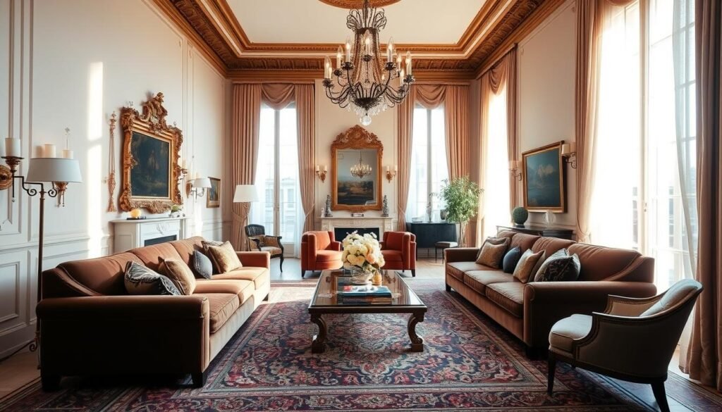 A spacious and elegant living room designed by acclaimed Madrid interior designer Lorenzo Castillo. Soft, warm lighting filters through tall windows, casting a golden glow on the room's classic and sophisticated furnishings. Ornate antique mirrors, plush velvet sofas, and intricately patterned rugs create an atmosphere of timeless refinement. Ornamental chandeliers and sconces add a touch of grandeur, while carefully curated art and accessories reflect Castillo's discerning eye for detail. The overall aesthetic seamlessly blends traditional elegance with modern sensibilities, embodying the designer's signature style of "Timeless Elegance Redefined".