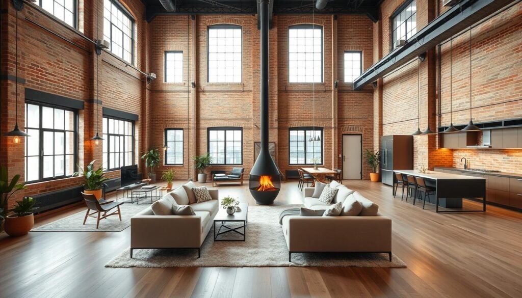 A spacious industrial loft with an open floor plan and seamless flow between living spaces. High ceilings, exposed brick walls, and large windows create a bright, airy atmosphere. Streamlined modern furniture, plush rugs, and decorative plants accentuate the minimalist aesthetic. Warm lighting from pendant fixtures casts a cozy glow, while a central freestanding fireplace acts as a subtle focal point. The layout encourages natural movement and allows for flexible arrangement of the living, dining, and kitchen areas. Soft textures and clean lines harmonize to evoke a refined, yet inviting industrial chic ambiance.