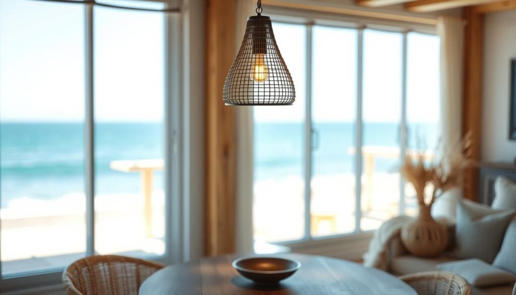 A sun-drenched coastal interior with a focused, soft-lit focal point. In the foreground, a stylish pendant light fixture suspended above a wooden dining table, casting a warm, ambient glow. In the middle ground, large windows frame a breathtaking ocean view, allowing natural light to flood the space. The background features subtle coastal accents, such as woven textures, natural wood tones, and a tranquil color palette of blues and neutrals. The overall atmosphere evokes a sense of relaxation and harmony, as if the viewer is immersed in a serene, beachside retreat.