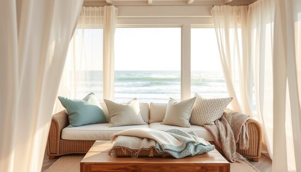 A sun-drenched coastal living room, filled with textured fabrics and natural materials. In the foreground, an inviting seagrass loveseat adorned with plush linen pillows in soothing shades of azure and sand. Framing the scene, sheer white curtains billow gently in a soft ocean breeze. In the middle ground, a wooden coffee table displays a vibrant array of coastal-inspired textiles, including a hand-woven jute rug and a patterned throw blanket. Beyond, a large window offers a breathtaking view of crashing waves and a horizon line bathed in golden light. The overall atmosphere is one of relaxation and tranquility, capturing the essence of coastal living.