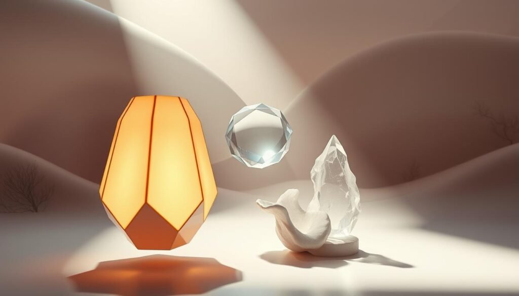 A surreal, avant-garde interior scene with abstract, sculptural home accessories floating and suspended in a dreamlike, ethereal environment. The foreground features a levitating, geometric vase with iridescent, glowing panels, casting soft, warm light across the surreal space. In the middle ground, a translucent, faceted sphere hovers beside a biomorphic, crystalline sculpture, their forms reflecting and refracting the ambient illumination. The background depicts a hazy, atmospheric landscape with undulating, amorphous shapes and muted, pastel tones, creating a sense of timelessness and transcendence. Dramatic, low-angle lighting casts dramatic shadows, emphasizing the sculptural qualities of the objects and imbuing the scene with a sense of mystery and wonder.