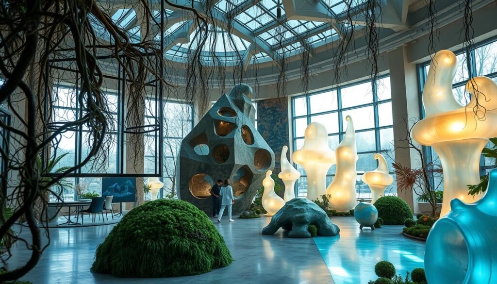A surreal, dreamlike interior space filled with organic shapes and natural elements. In the foreground, intricate vines and branches wind their way through suspended geometric frames, creating a sense of enchantment. The middle ground features a massive, moss-covered stone sculpture that appears to be growing from the floor, blurring the lines between the natural and the artificial. In the background, translucent, glowing glass sculptures in biomorphic forms emit a soft, ethereal light, casting a warm glow throughout the room. The lighting is a combination of natural daylight filtering in through large windows and subtle, ambient lighting that accentuates the textures and materials. The overall atmosphere is one of tranquility and wonder, inviting the viewer to immerse themselves in this surreal, nature-inspired haven.
