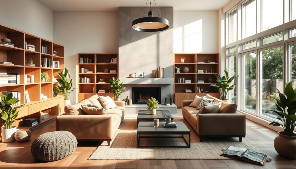 A warm, inviting living room with a harmonious blend of natural materials and contemporary design. Sunlight streams through large windows, casting a soft glow on the room's central focus - a plush, L-shaped sofa upholstered in earthy tones. Bespoke wooden shelving units flank the fireplace, exhibiting artful displays of books and decorative objects. Lush, potted plants add pops of verdant color, complementing the neutral palette. Overhead, a modern pendant light fixture casts a gentle illumination, creating an atmosphere of refined sophistication. Decorative rugs and textiles in muted hues complete the serene, sustainable luxury ambiance.