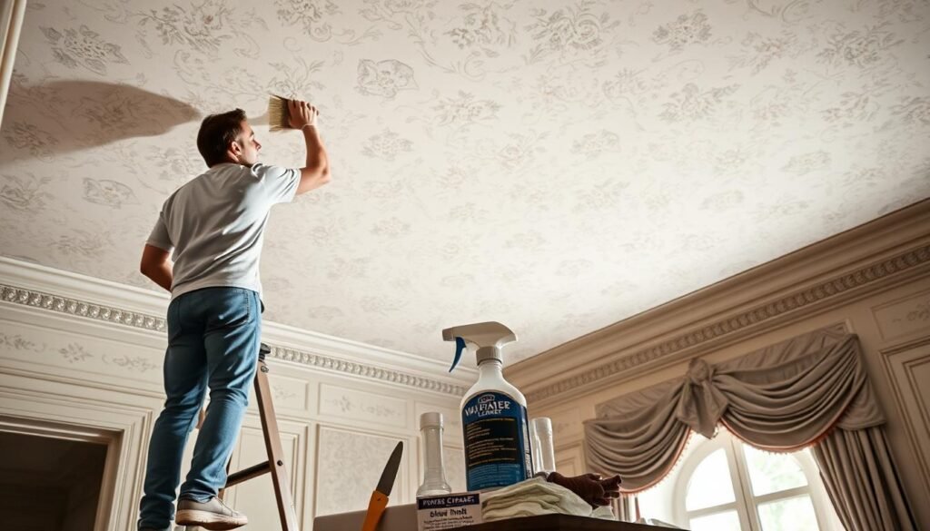 A well-lit, meticulously detailed scene of a person carefully maintaining a wallpapered ceiling. In the foreground, a person stands on a sturdy ladder, gently brushing away any dust or debris with a soft-bristled brush. The wallpaper is a delicate floral pattern in muted, complementary hues. In the middle ground, various tools and cleaning supplies are neatly arranged, including a spray bottle of specialized wallpaper cleaner and a small putty knife for any minor repairs. The background features a beautifully appointed room with ornate crown molding and a large window, allowing natural light to flood the space and highlight the texture and sheen of the wallpaper. The overall mood is one of careful attention and preservation, emphasizing the importance of proper maintenance for wallpapered ceilings.