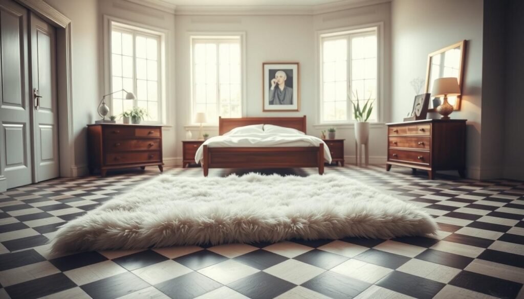 An elegant bedroom with a timeless checkered floor pattern. The room is bathed in warm, soft lighting, creating a cozy and inviting atmosphere. In the foreground, a plush, cream-colored rug sits atop the checkered tiles, adding a touch of luxury. Minimal yet sophisticated furniture, including a wooden bed frame and nightstands, frame the space. Large windows in the background allow natural light to filter in, casting a gentle glow across the room. Accent pieces, such as a potted plant and a framed artwork, add subtle pops of color, complementing the monochromatic palette. The overall scene exudes a sense of refined sophistication and tranquility.