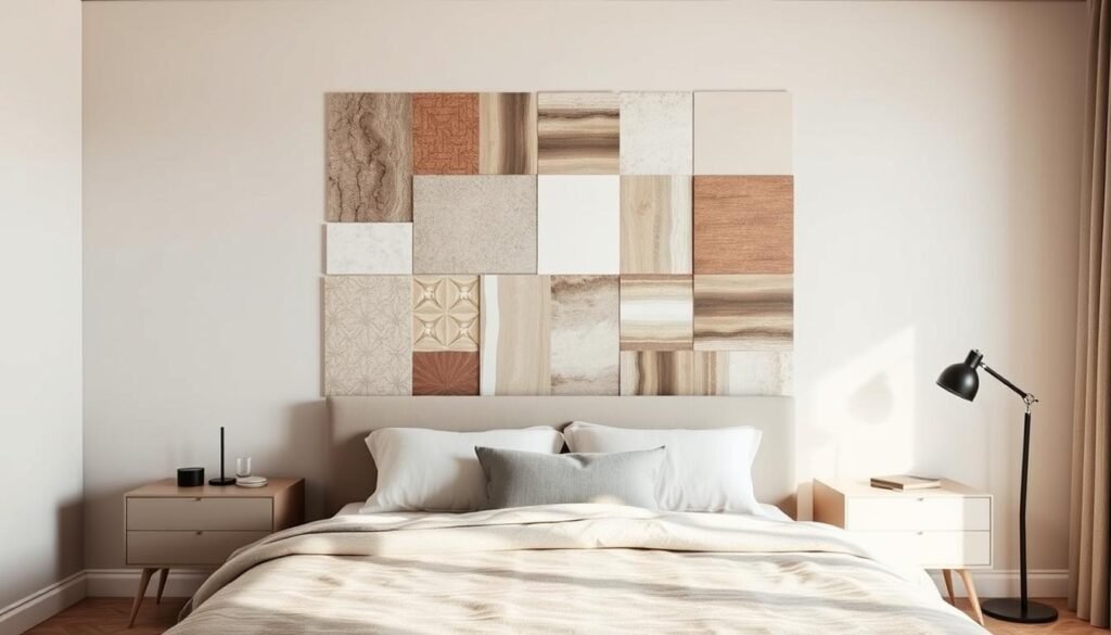 Bedroom accent wall planning guide: A minimalist bedroom setting with a focal wall in the background, showcasing various textures, patterns, and color swatches arranged in a visually appealing layout. The wall features a combination of muted, earthy tones, subtle geometric designs, and natural materials like wood or stone. Soft, warm lighting creates a cozy, inviting atmosphere, while a neutral-toned bed, nightstands, and other furnishings occupy the foreground. The overall composition aims to inspire and guide the viewer in visualizing and planning their own bedroom accent wall transformation.