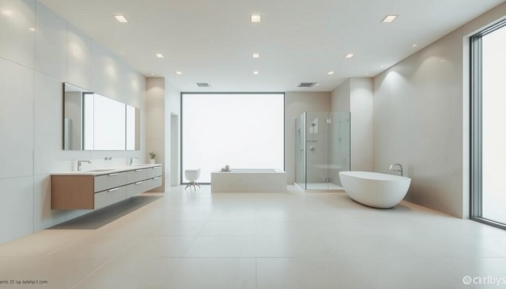 Expansive bathroom interior with large format tiles covering the floor and walls. The tiles have a minimalist, matte finish in a soothing neutral tone, creating a sense of spaciousness and serenity. Soft, even lighting from recessed ceiling fixtures illuminates the clean, modern design. The tiles span from wall to wall, seamlessly integrating the vanity, tub, and shower areas for a cohesive, high-end aesthetic. A large window in the background allows natural light to flood the space, adding to the open, airy atmosphere. The overall mood is calming, sophisticated, and conducive to relaxation.