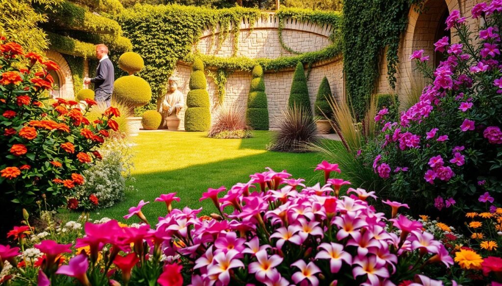 Lush garden oasis with vibrant floral arrangements and textured foliage. In the foreground, a diverse array of blooming plants in a harmonious color palette, their petals gently swaying in a warm breeze. The middle ground features a well-manicured lawn dotted with sculpted topiaries and ornamental grasses, creating a sense of depth and visual interest. In the background, a stone wall is draped with cascading vines, adding a natural, earthy element. Warm, golden sunlight filters through the scene, casting soft shadows and highlighting the intricate patterns and textures of the plants. The overall atmosphere is one of serene beauty, inviting the viewer to immerse themselves in this meticulously designed outdoor space.