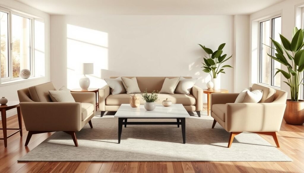 Prompt A spacious, yet cozy living room with a refined, neutral color palette. The focal point is a plush, beige sofa complemented by soft, textured throw pillows. Elegant mid-century modern armchairs in muted taupe flank the sofa, creating a harmonious seating arrangement. The room is illuminated by warm, natural light filtering through large windows, casting a serene glow on the space. The floor is covered in a muted, patterned area rug, adding depth and visual interest. Sleek, wooden side tables and a minimalist, marble-topped coffee table complete the stylish, understated aesthetic. Tall, potted plants in the corners bring a touch of nature into the sophisticated, neutral-toned living room design.