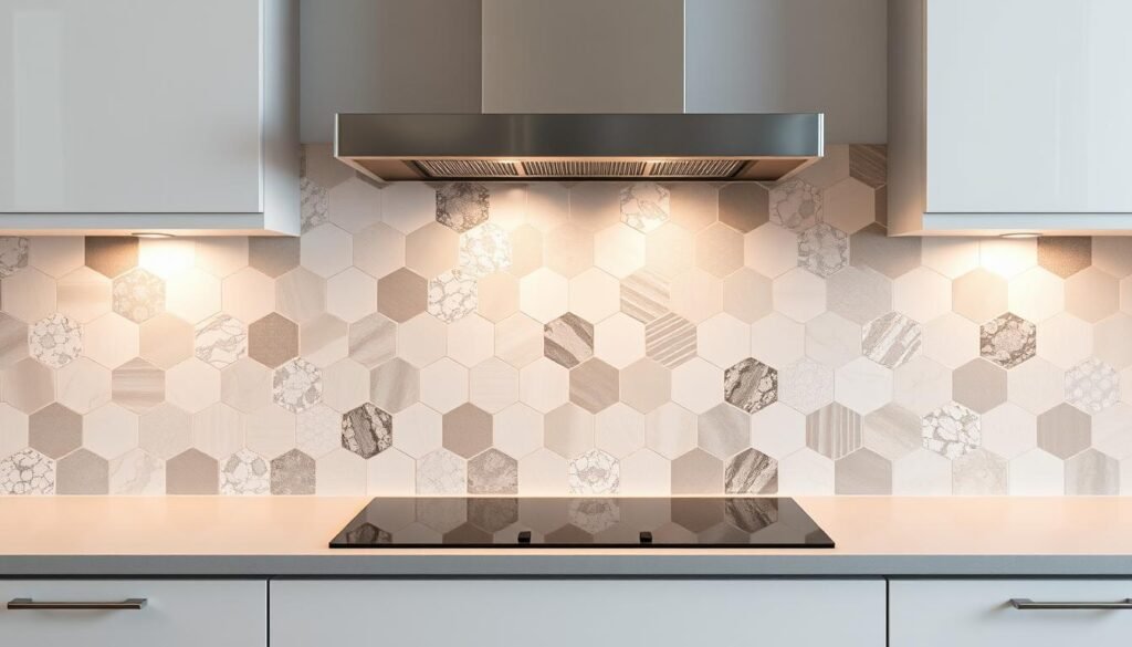 Unique backsplash shapes featuring a captivating interplay of geometric forms and dynamic asymmetry. A harmonious balance of sleek, angular tiles in a soothing palette of soft grays and whites, bathed in warm, diffused lighting that accentuates the textures and contours. The layout eschews the conventional grid, instead showcasing a bespoke arrangement of hexagons, parallelograms, and trapezoidal elements that create a visually striking, modern focal point. The backsplash is set against a backdrop of minimalist, light-toned cabinetry, allowing the dynamic tilework to truly shine as the room's centerpiece.