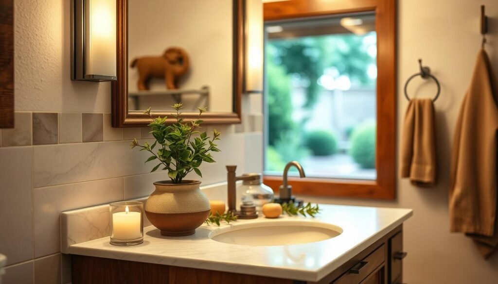 a cozy and inviting seasonal bathroom display, featuring a vanity with a wooden frame and a marble countertop. on the vanity, an assortment of decorative elements including a potted plant, a scented candle, and a small decorative vase or jar. the lighting is soft and warm, creating a relaxing ambiance. the background includes neutral-toned tiles or wallpaper, with a window letting in natural light and providing a view of a serene outdoor scene, such as a garden or a landscape. the overall mood is one of tranquility and comfort, reflecting the changing seasons and the desire to create a welcoming and refreshing bathroom space.
