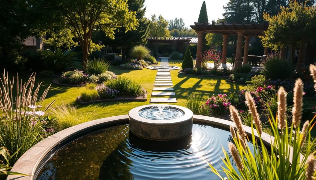 a tranquil outdoor scene showcasing a lush, well-designed landscape with a serene water feature as the central focus. In the foreground, a beautifully crafted pond or fountain reflects the warm sunlight, creating a mesmerizing play of light and shadow. Surrounding the water feature, a variety of carefully curated plants, such as tall grasses, vibrant flowers, and verdant trees, create a harmonious and visually appealing composition. The middle ground offers a meandering path or stepping stones, inviting the viewer to explore the space and immerse themselves in the calming atmosphere. In the background, a subtle yet elegant architectural element, such as a pergola or a stone wall, complements the natural elements and provides a sense of balance and integration. The overall scene exudes a sense of tranquility, elegance, and a harmonious blend of nature and design.