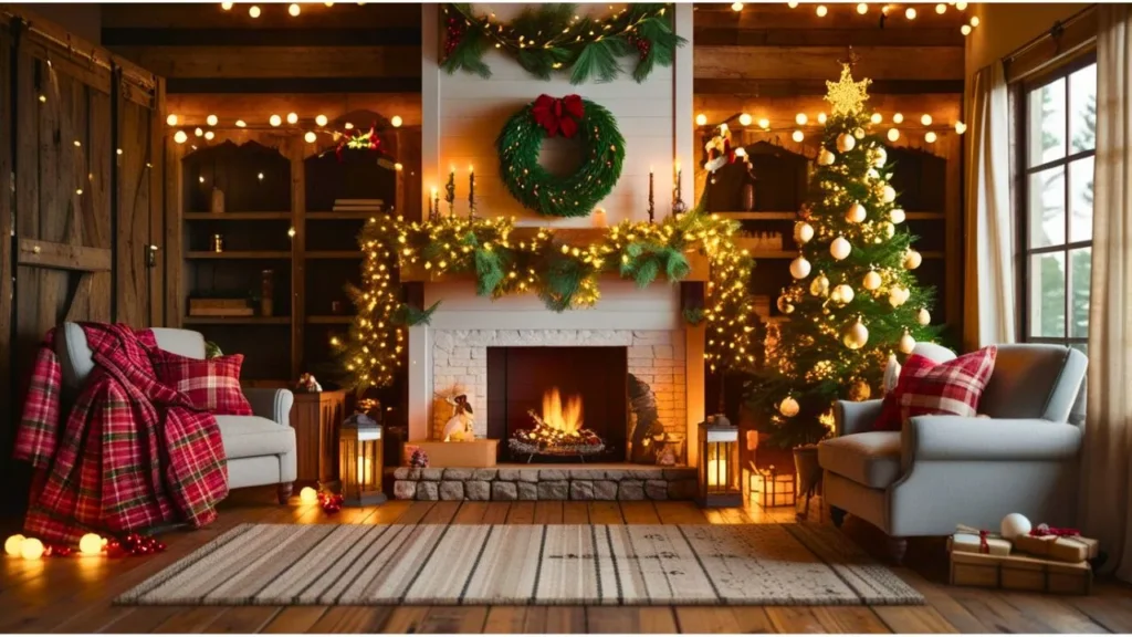 4K realistic image of a rustic farmhouse living room decorated for Christmas