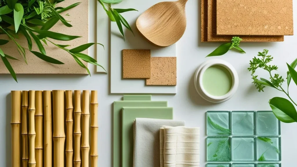 A flat-lay mood board showing eco-friendly materials