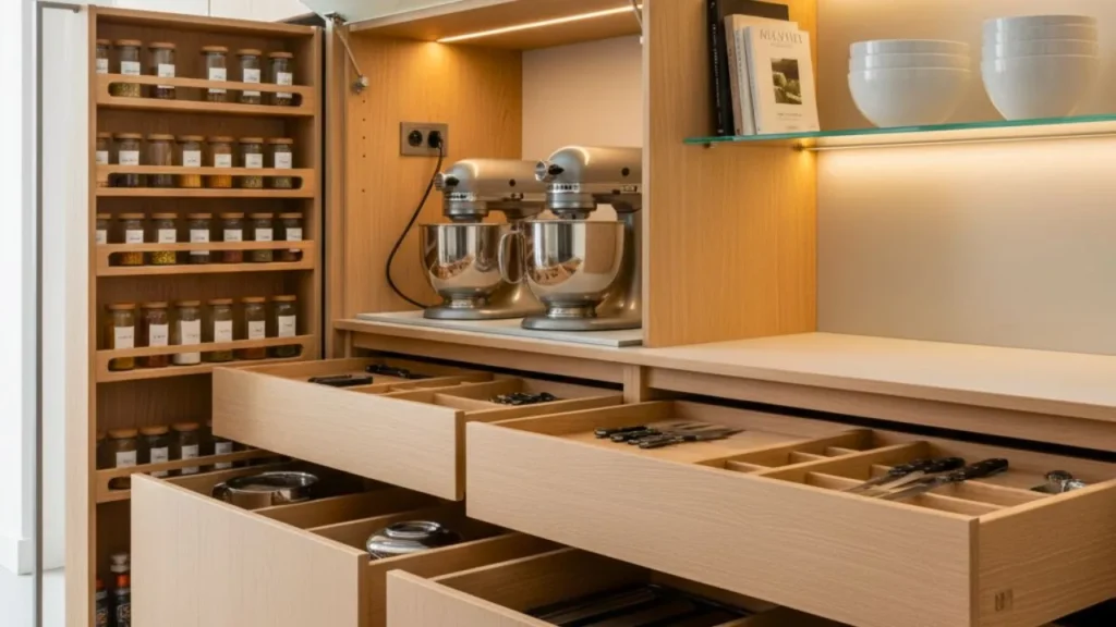 A modern 2026 kitchen cabinet interior showing organized smart storage