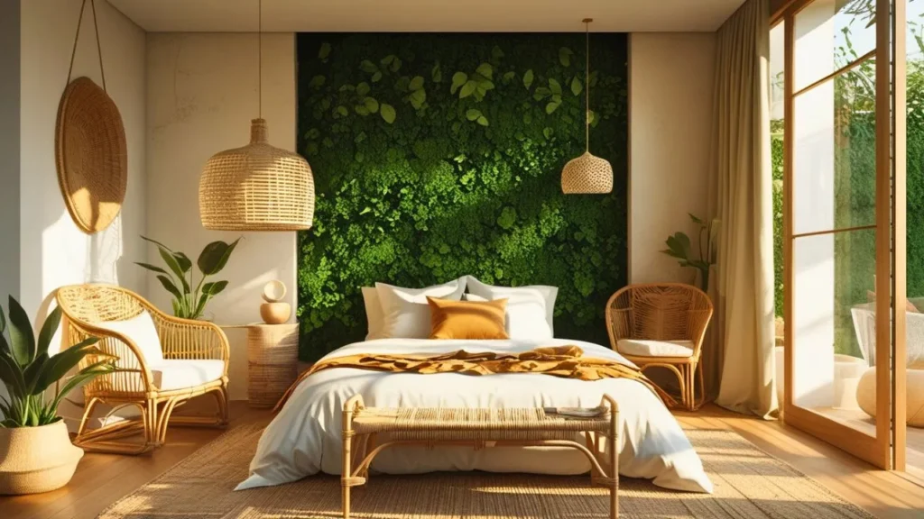 A stylish bedroom with floor-to-ceiling greenery wall