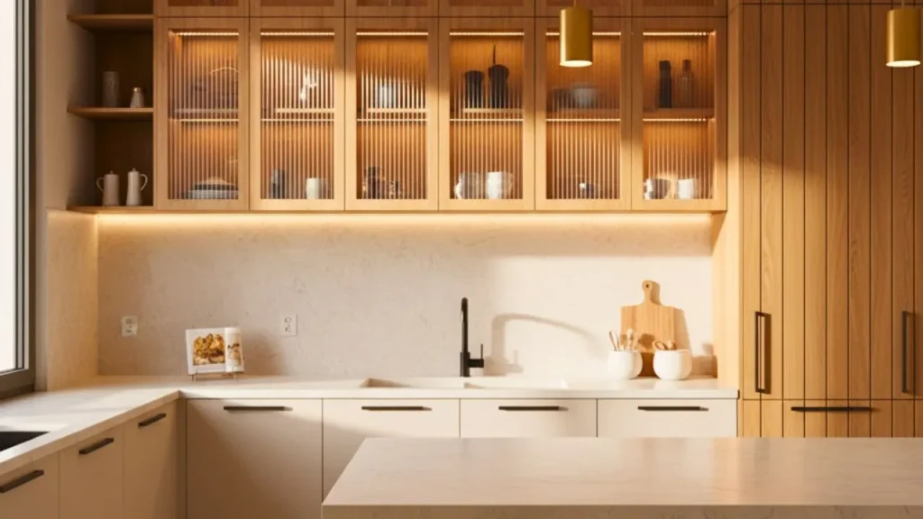 A trending 2026 kitchen with fluted wood cabinet panels