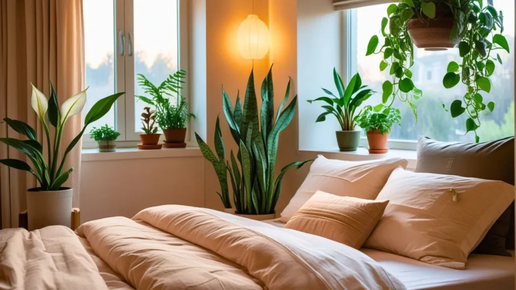 Calming bedroom with indoor plants that clean air