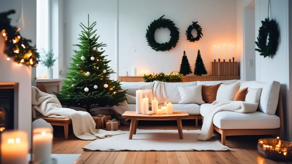 Clean, bright Scandinavian-style living room decorated for Christmas