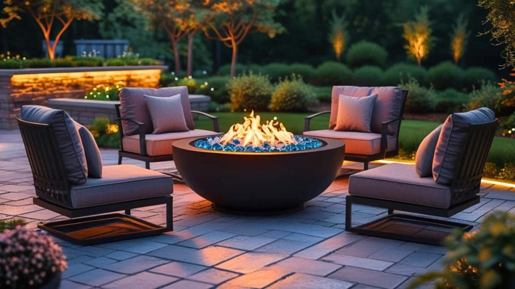 Cozy 2026 fire pit lounge area on a modern patio