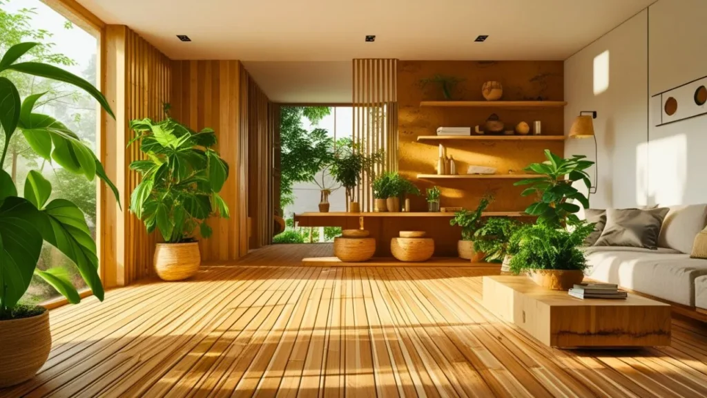 Eco conscious modern home interior featuring bamboo flooring