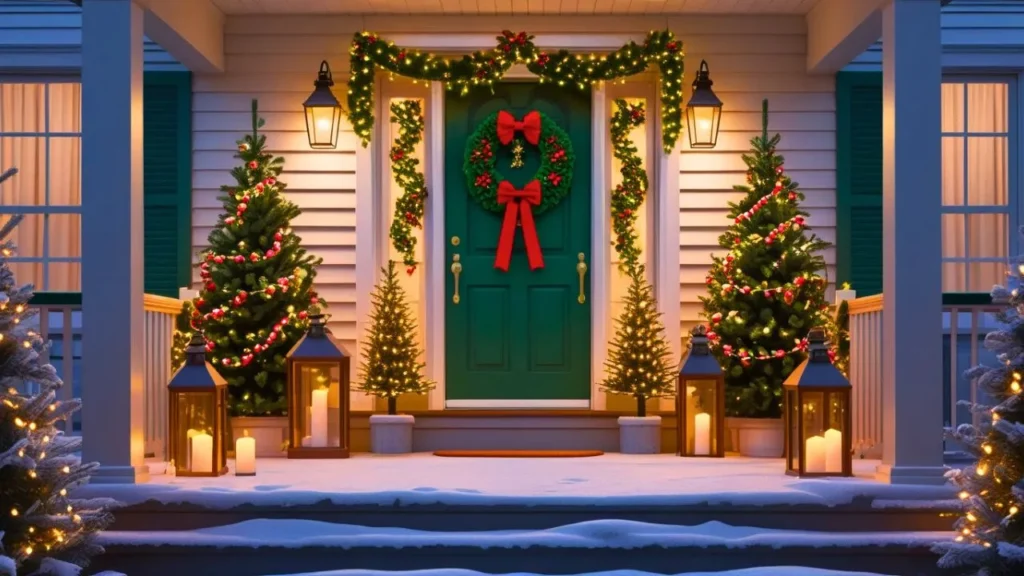 Hyper-realistic outdoor shot of a beautifully decorated U.S. front porch for Christmas