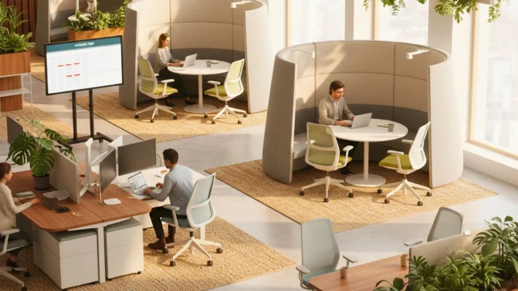 Modern modular office workspace with movable desks