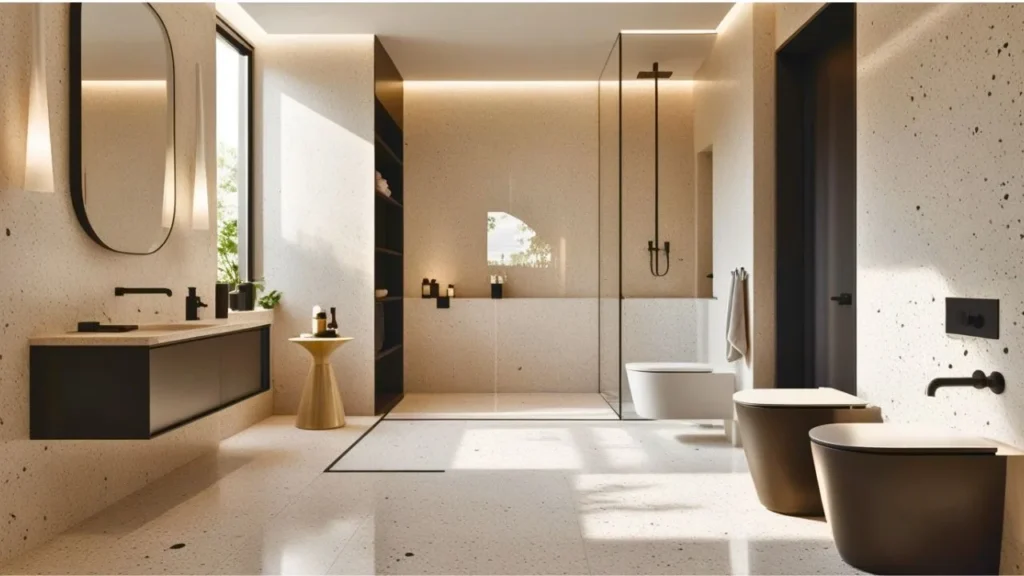 Stylish modern bathroom with large-format terrazzo tiles