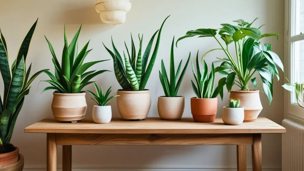 Top air-purifying houseplants arranged on a wooden table