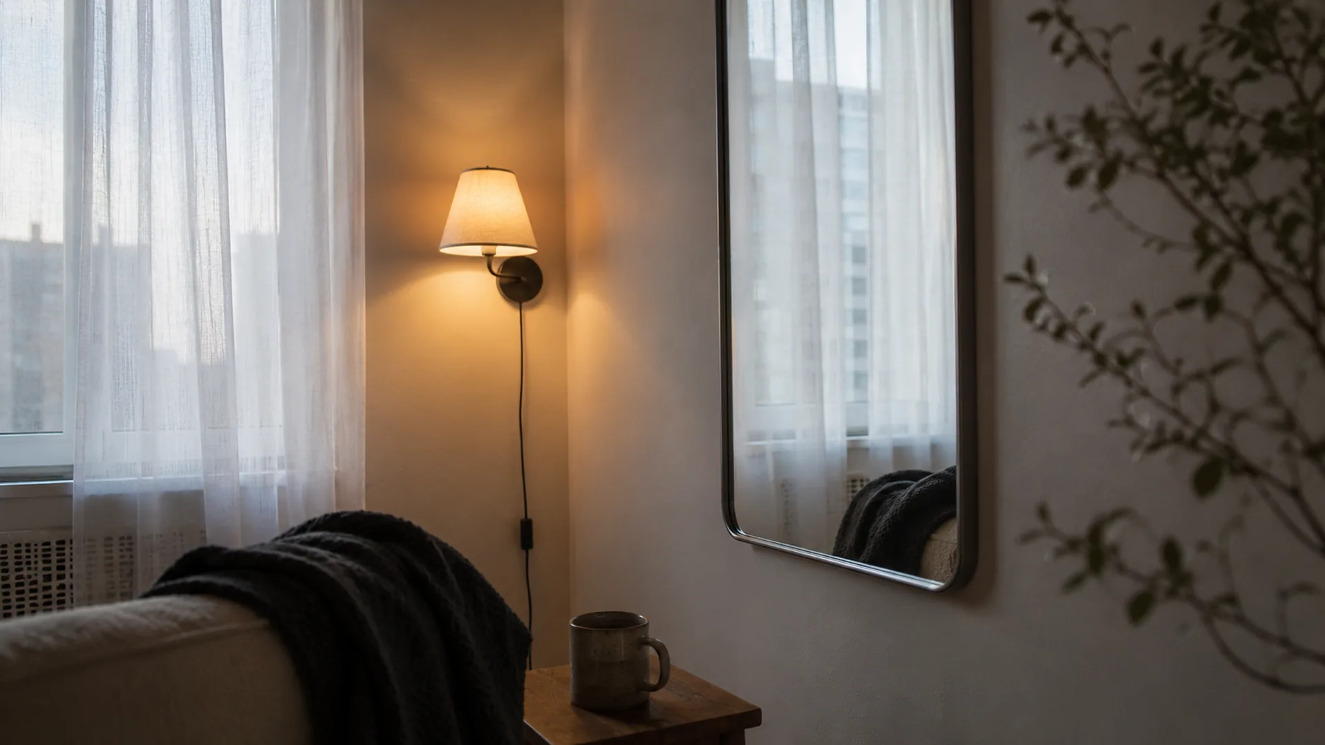Detail of a dark rental corner: large pale mirror opposite a dim window bouncing soft daylight, warm plug-in sconce at seated eye height, sheer curtain edge, oat wall, and one charcoal textile
