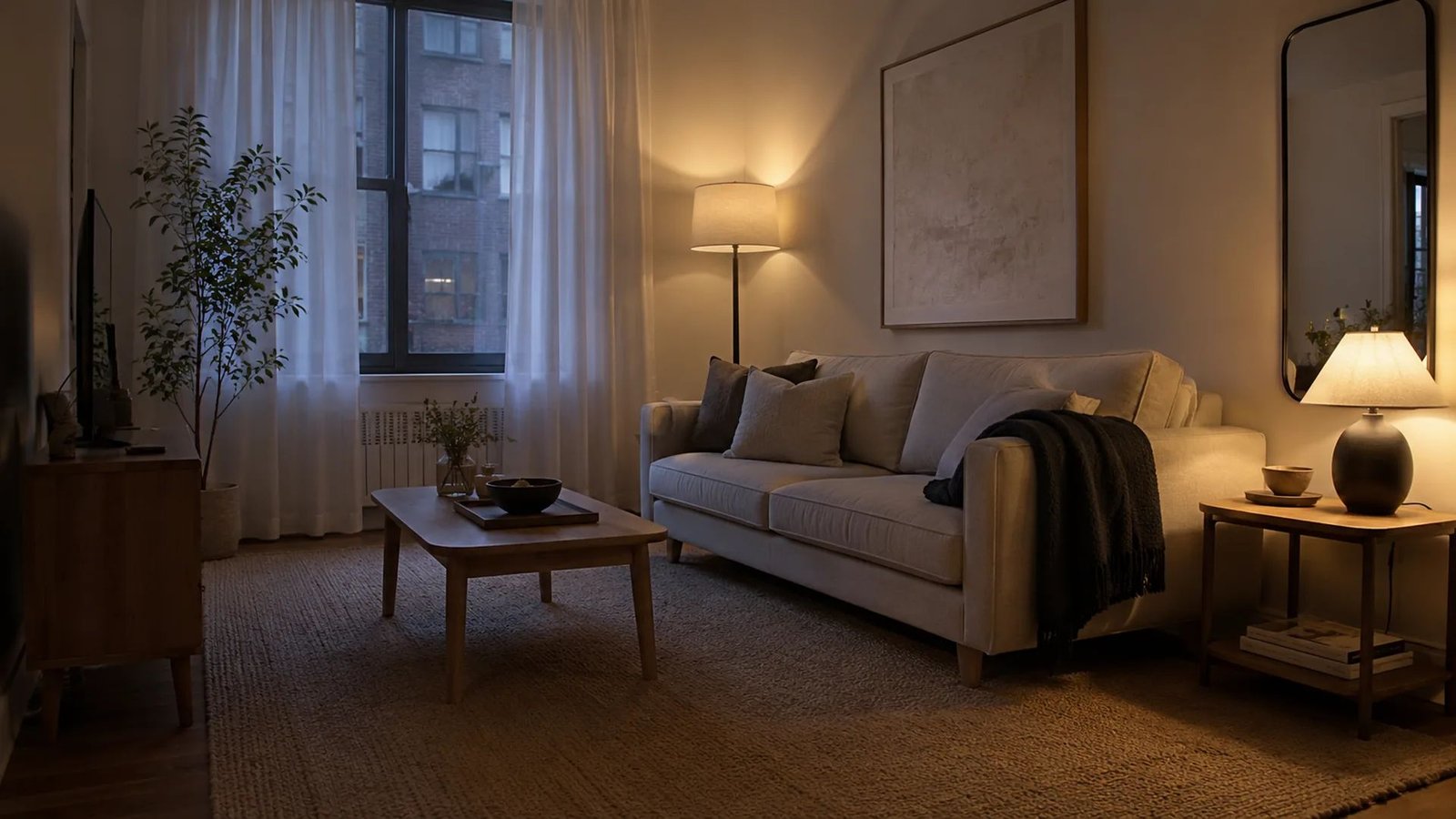 A small north-facing rental living room at dusk with warm 2700K pools from a floor lamp and table lamp, sheer curtains on a dim courtyard window, oat sofa on legs with front legs on a jute rug, and a large pale mirror bouncing soft light
