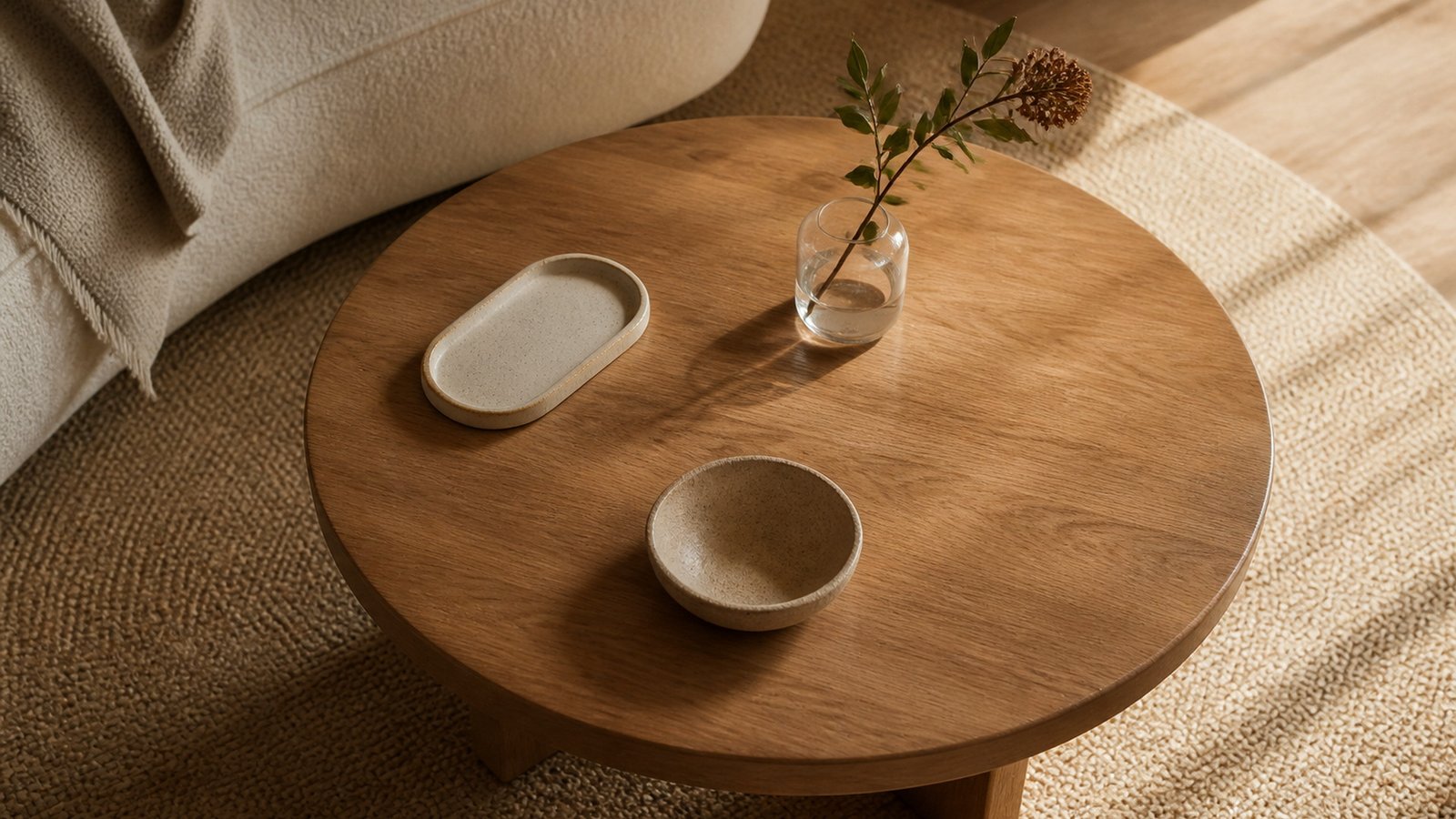 A small round wood coffee table styled with space left empty