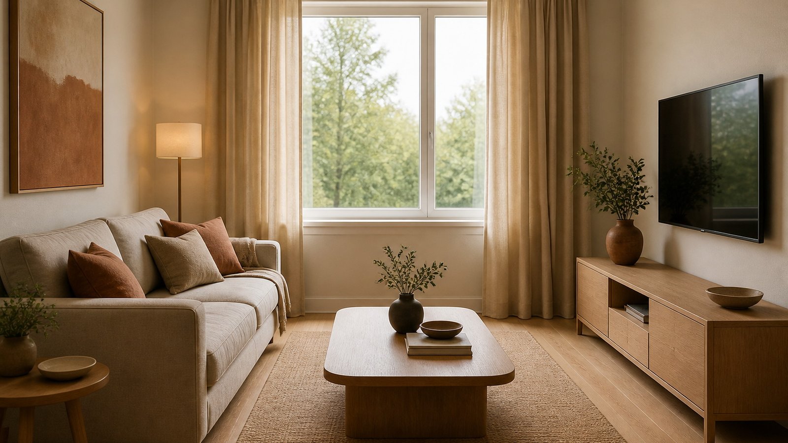 A small living room with the sofa facing the window and the TV on a side wall
