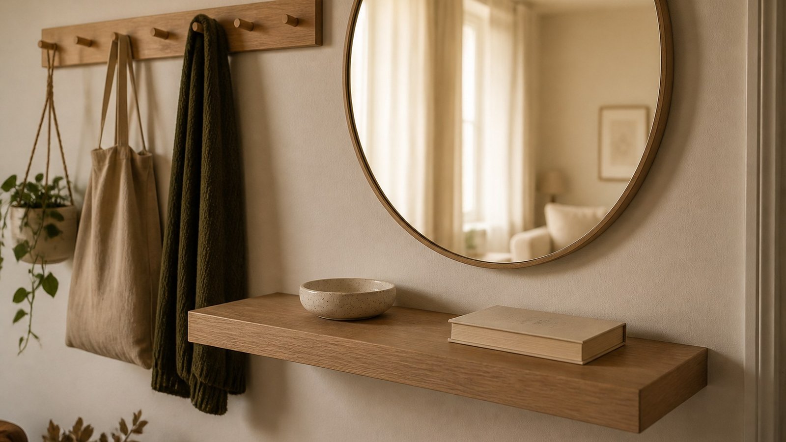 Close-up of a 24-inch entryway wall kit: oak peg rail with three hooks, a 6-inch-deep shelf holding a small ceramic dish and keys, and the bottom edge of a round mirror