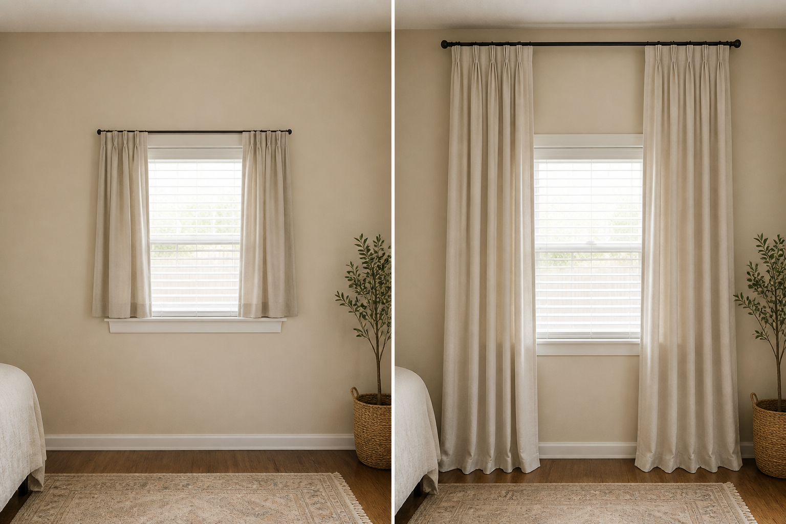 Side-by-side of the same rental window: short panels on the trim at left, floor-length panels hung high and wide over blinds at right