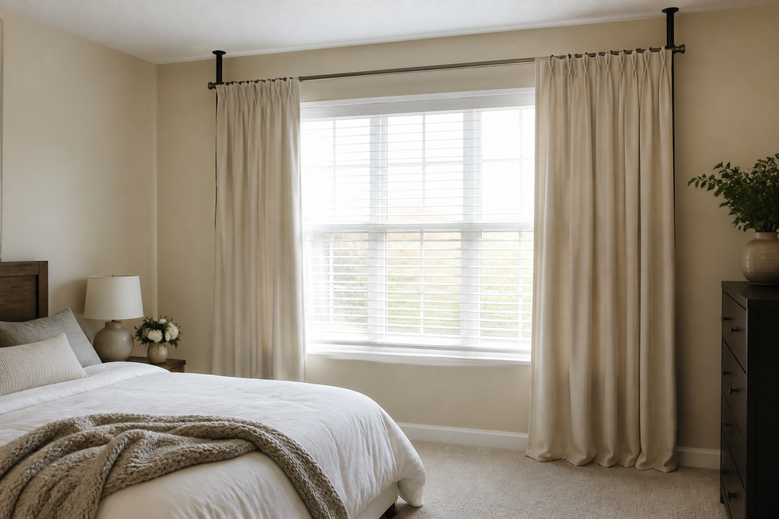 Floor-to-ceiling tension poles holding a curtain rod high and wide in a rental bedroom, no screws in the wall or ceiling