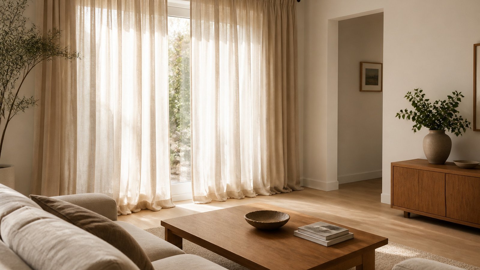 A small living room with oat linen curtains hung high and wide over a sunlit window