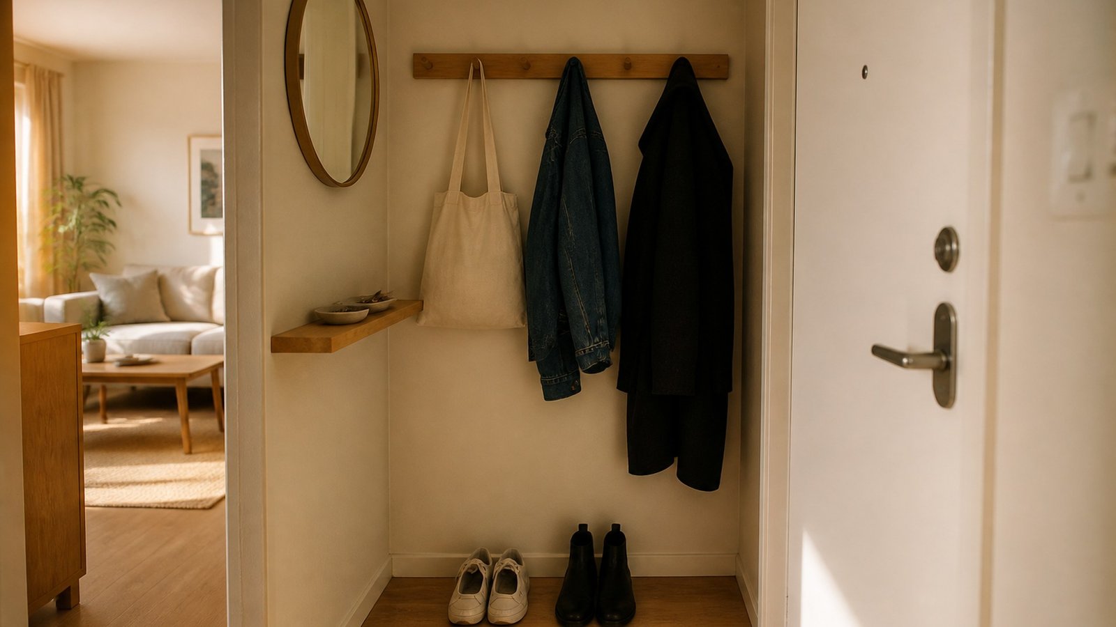 A tiny rental entry with an oak hook rail, slim shelf, round mirror, and two pairs of shoes