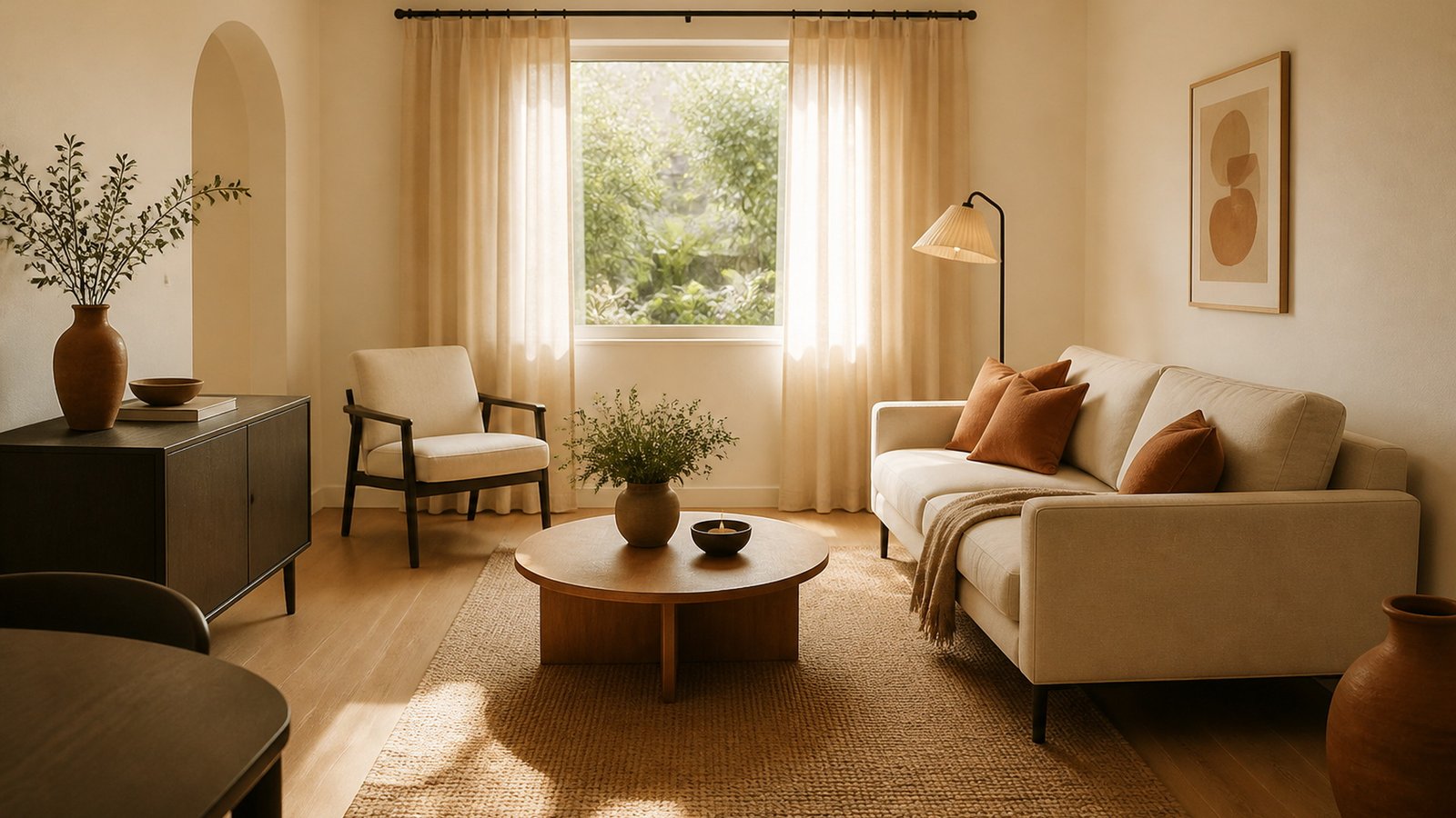 A small living room with clear walkways, a slightly floated sofa, and a round coffee table