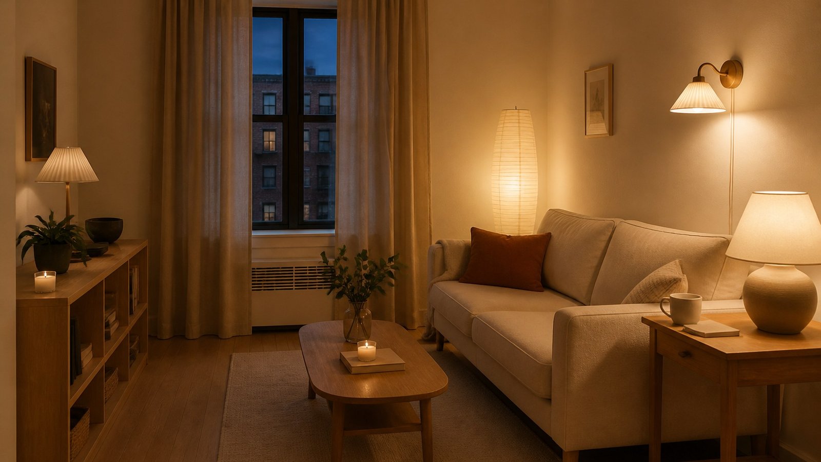 A small rental living room at evening lit by a paper floor lamp, a ceramic table lamp, and a plug-in sconce, with the overhead globe off