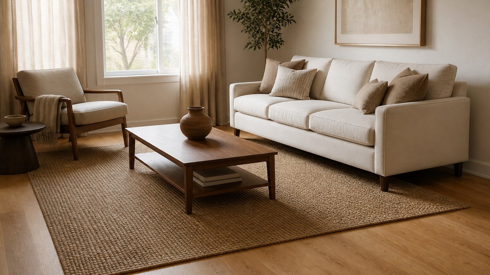 A small living room with a cream sofa, front legs on a large woven rug, coffee table fully on the rug, oak floor showing around the edges