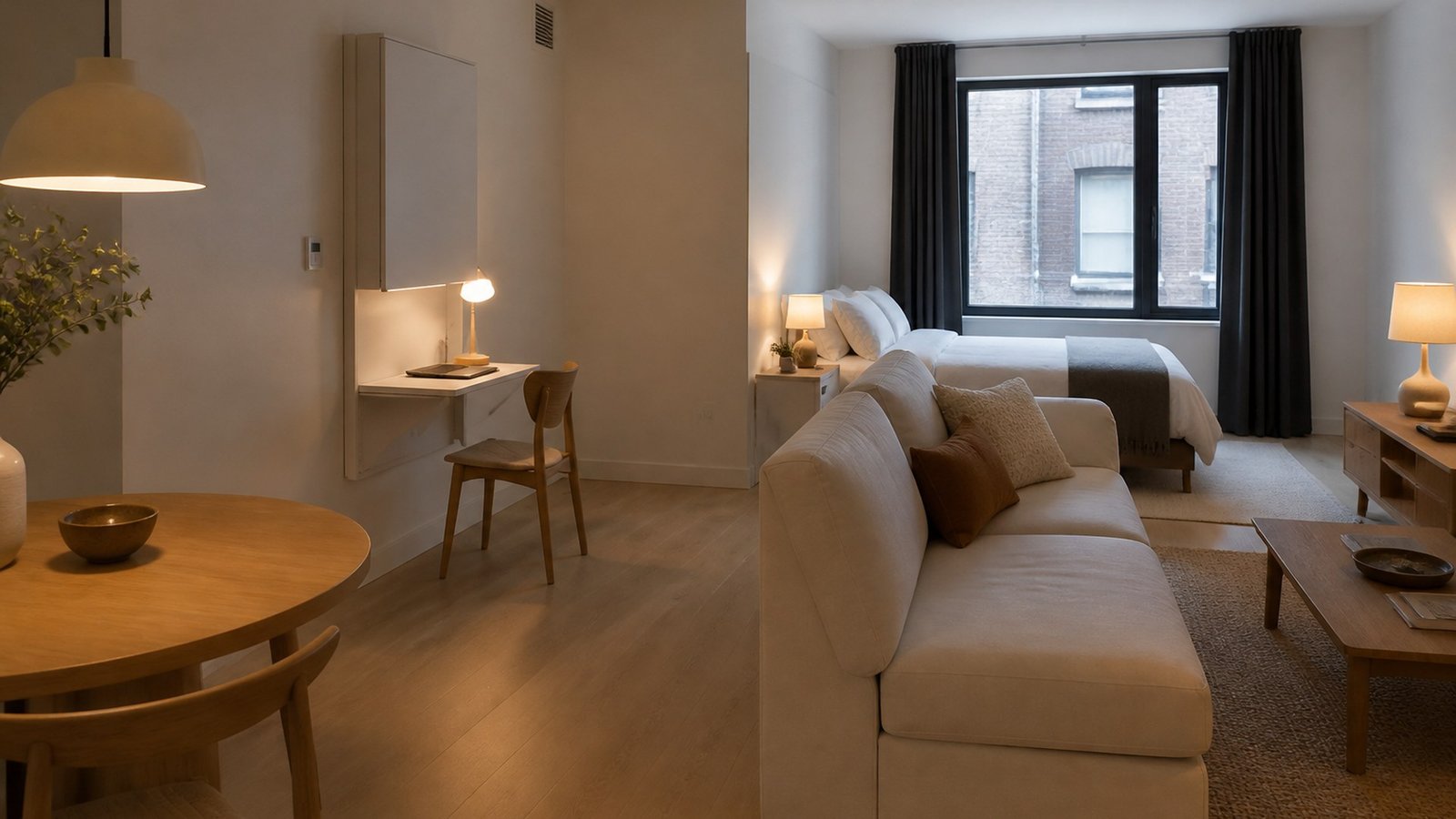 A rental studio zoned without a divider: sofa back, large rug, sleep corner, and 2700K lamps