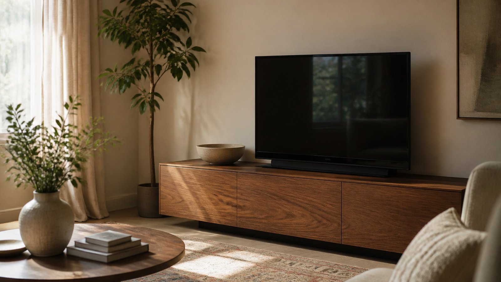 A calm living room with a low wood console and a TV with no visible cables