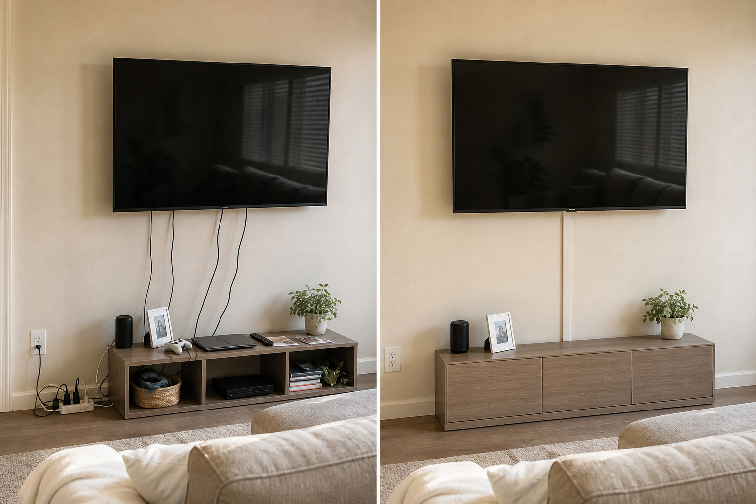 The same rental TV wall: loose black cables to a floor strip at left, a paint-matched adhesive raceway and closed console at right