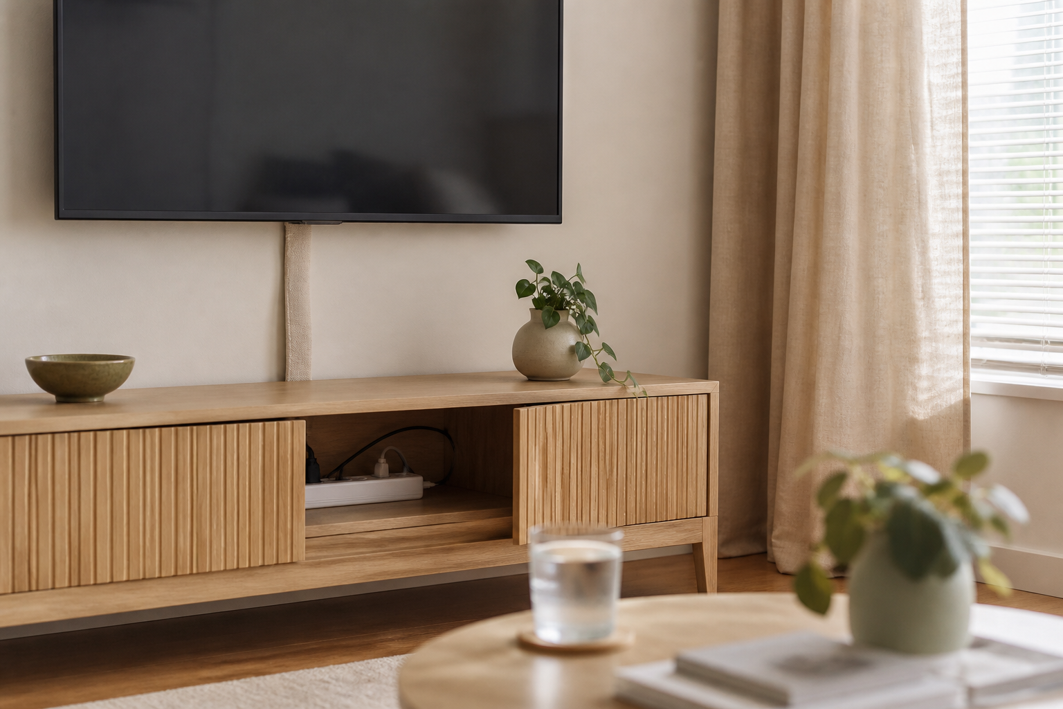Fabric cable sleeve dropping from a wall-mounted TV into a wood console in a calm rental living room, no tools in the frame